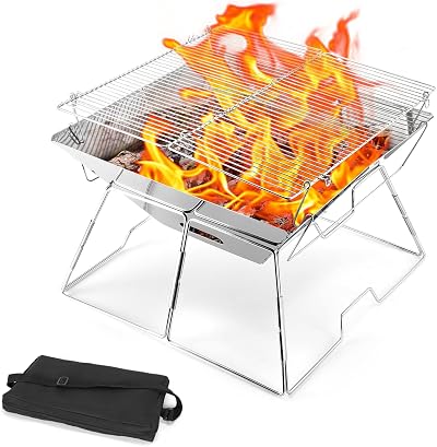 Odoland Portable Collapsible BBQ Fire Pit Stainless Steel Grill 43x43x31cm