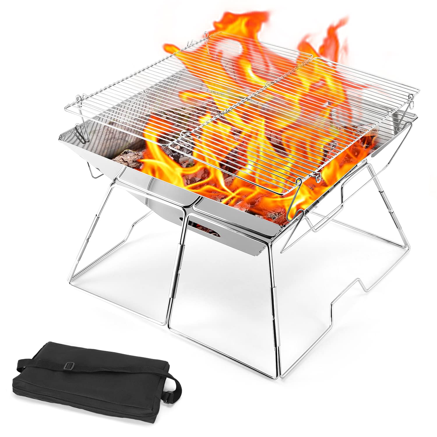 Odoland BBQ Fire Pit Portable Campfire Pit Collapsible Camping Grill Stainless Steel Barbecue for Camping Picnic Terrace Garden w/Carrying Bag L (43 * 43 * 31cm)