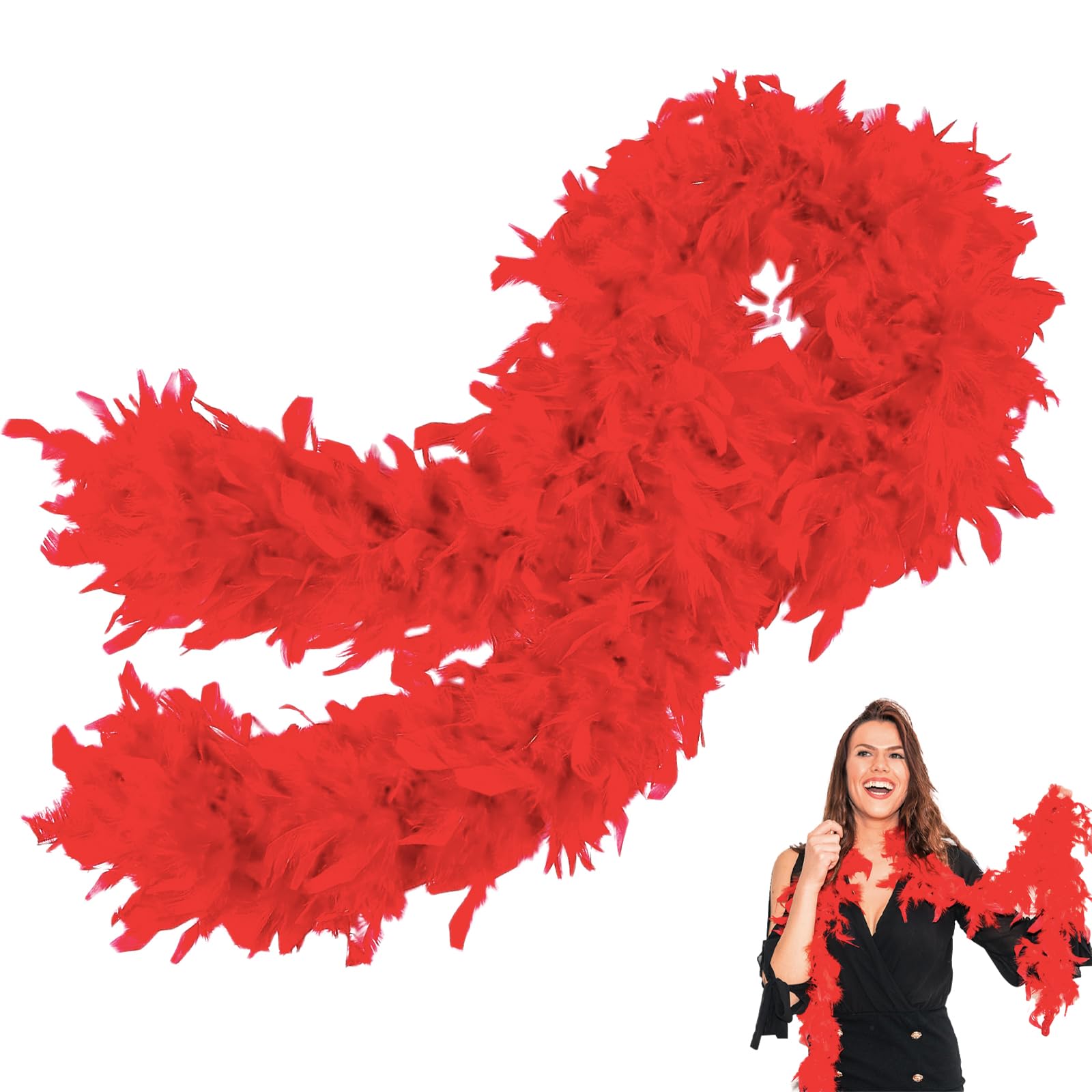 POPOYU Red Feather Boas Thick Fancy Dress for Women,Girls,80g 2m/6.6ft Natural Turkey Feather Boa Red,Party Fluffy Boa Feather Scarffor Bulk for Adult,Kids,Wedding Bachelor Halloween Christmas Party