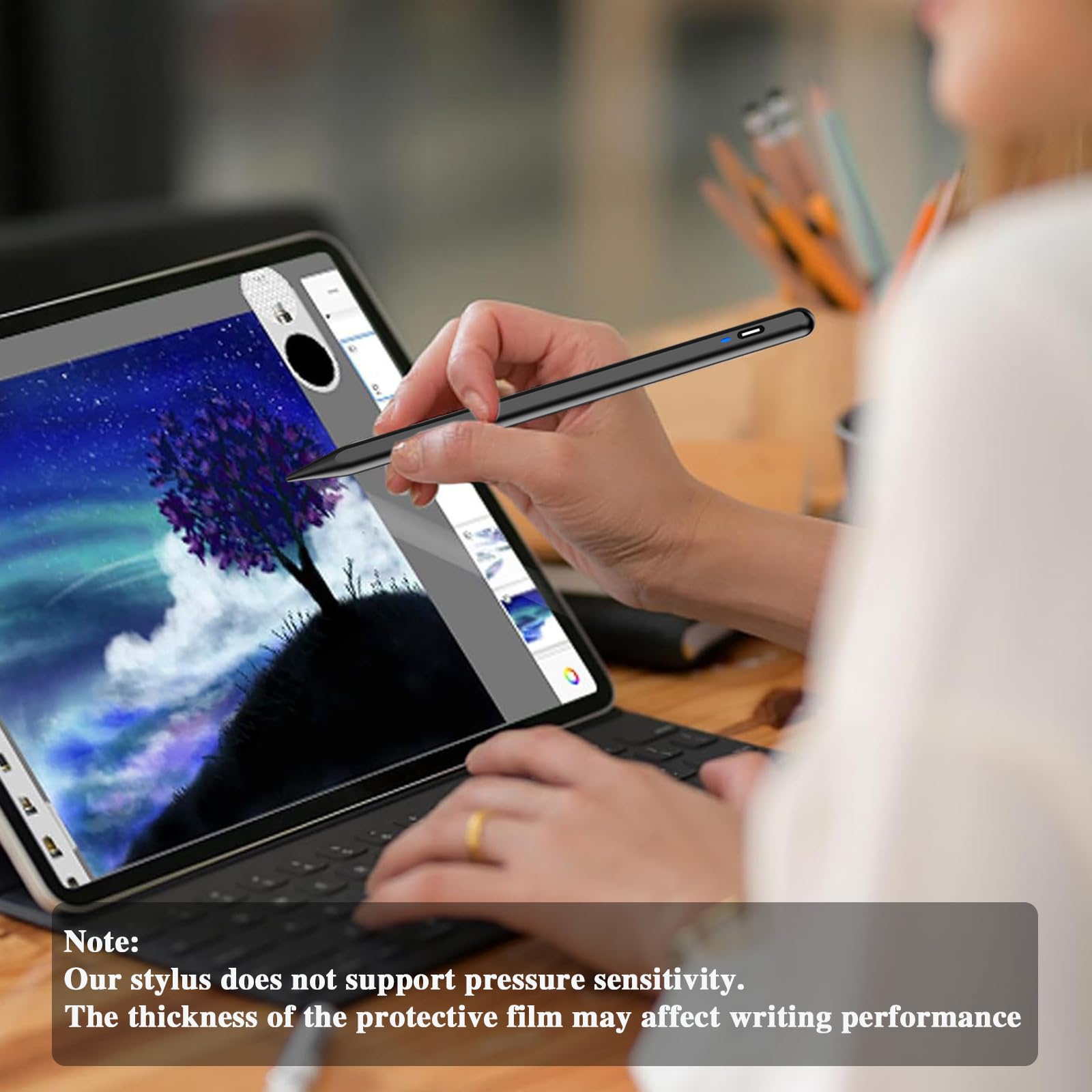 Stylus Pen for Android Tablet, Pom Tip Tablet Pencil for ios/Android,Rechargeable Active Stylus Pen for iPhone /Samsung/XiaoMi/Huawei/Vivo/Lenovo and Other Android Smartphones and Tablets-Black