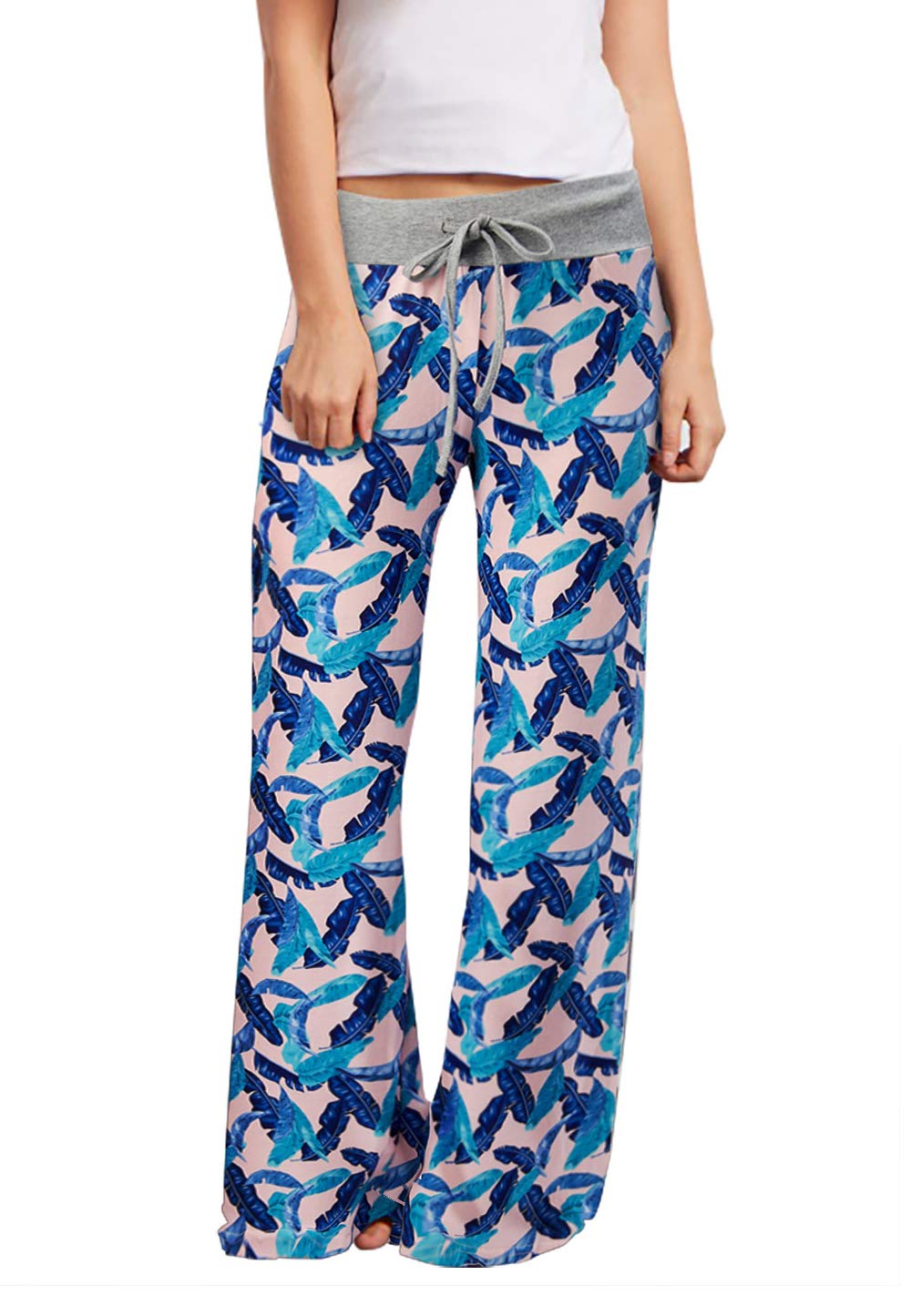 Loveternal Femmes Pantalon De Pyjama Imprimé Taille Élastique Plume Harem Pantalon Boho Yoga Wide Leg Pants S