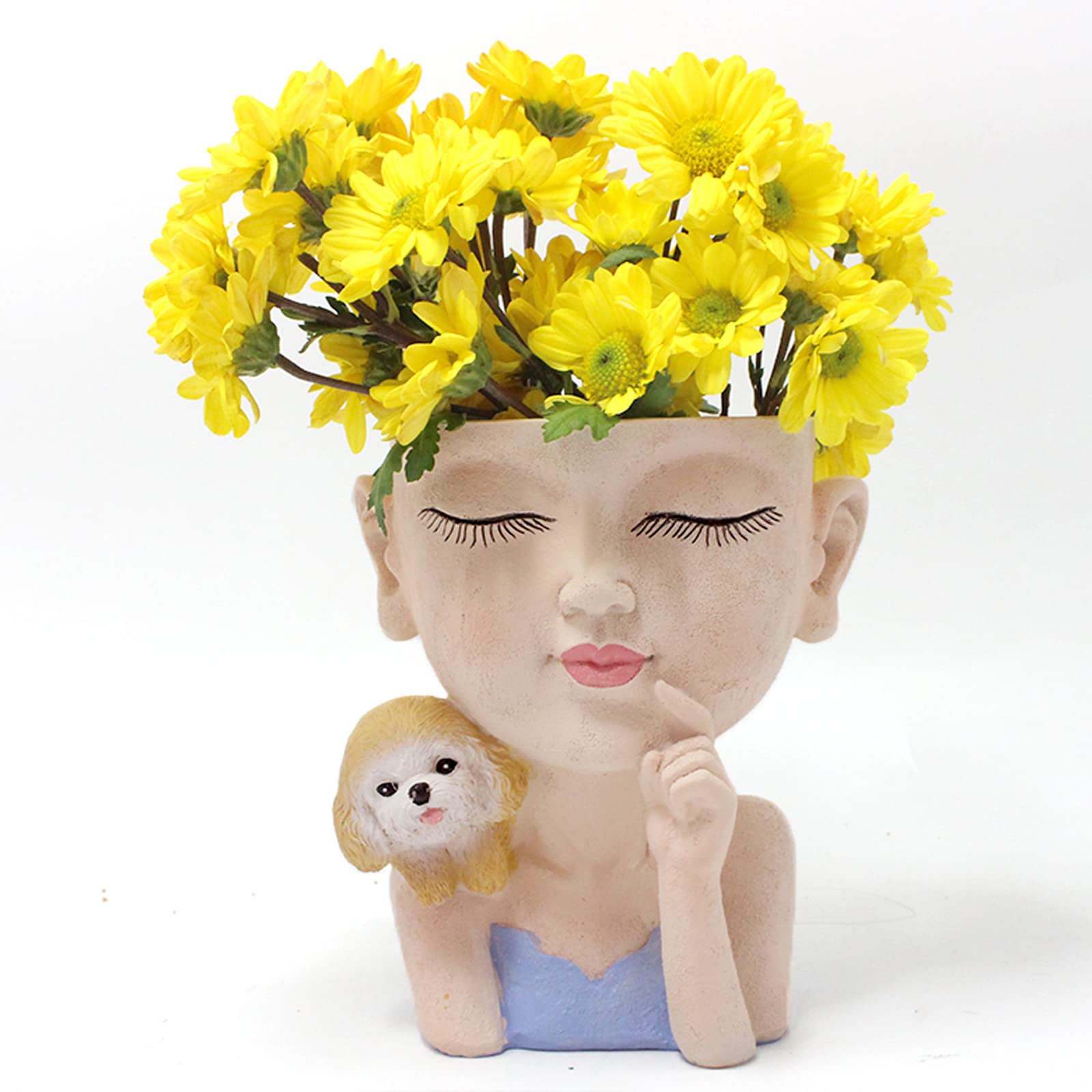 KOCNYDEY Face Flower Pot - Cute Girl and Dog Resin Lady Face Head Planter with Drainage Hole - Succulent Planter for Plants - Indoor/Outdoor