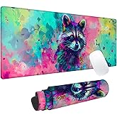 Colorful Raccoon Gaming Mouse Pad, Office Desk Mat, Anti-Slip Rubber Base Cool Aesthetic Mouse Pads for Computer Laptop Keyboard School Home Desktop Gamer Home Accessories Decor 31.5" x 11.8"