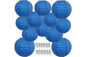NUDALA 12pcs Blue Paper Lanterns with 12pcs White LED Lights, 6" 8" 10" 12" Round Hanging Chinese/Japanese Ball Lantern for 4th of July Anniversary Birthday Party Decorations