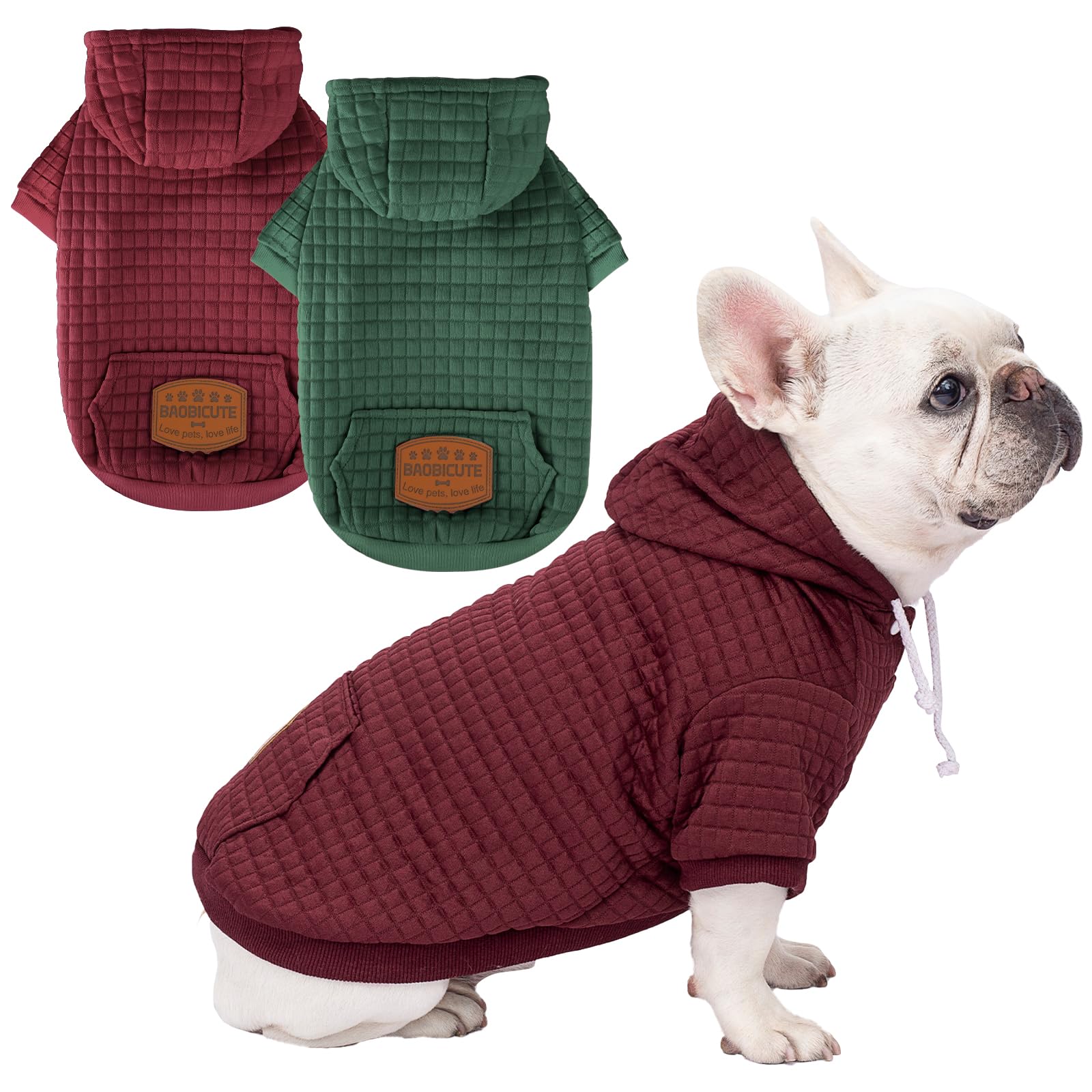 Photo 1 of 2 Pack Dog Hoodie Sweaters for Small Medium Dogs Warm Dog Clothes for Large Dogs Soft Waffle-Like Laminated Sweatshirt Bulldog (Dark Green+Wine Red, L (Back: 19",Chest: 28", Neck: 17.5"))