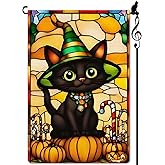 Lorugekyu Wizard Cat Garden Flag Halloween Cute Black Cat Stained Glass Style Small Flag for Outside Pumpkin Burlap Double Sided Welcome Yard Lawn Decor 12.5x18"