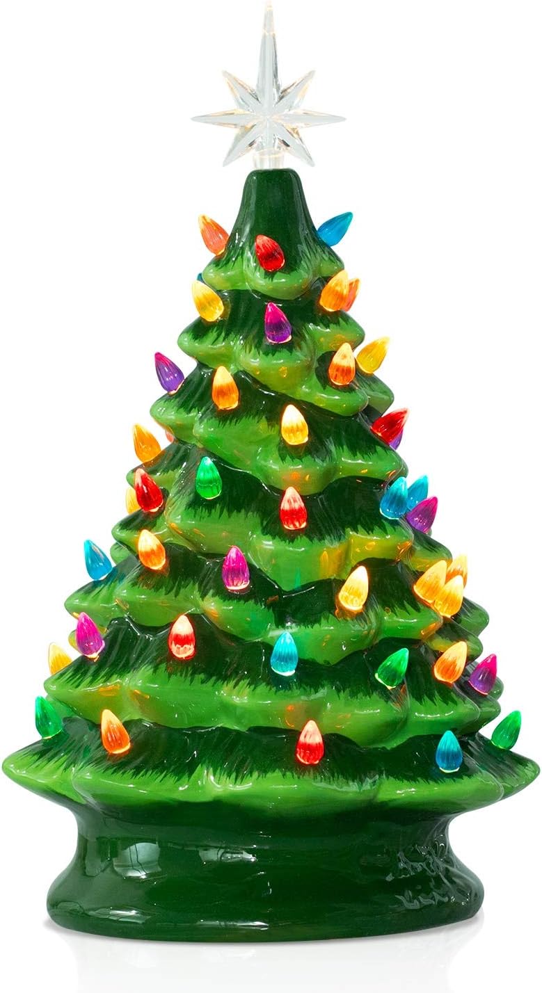 Tree Toppers - 13 Inch Ceramic Christmas Tree, Prelit Tabletop Christmas Tree with Multicolored LED Lights and Star Topper, Battery Operated Vintage Lighted Ceramic Tree for Home Office Table Holiday Decorations