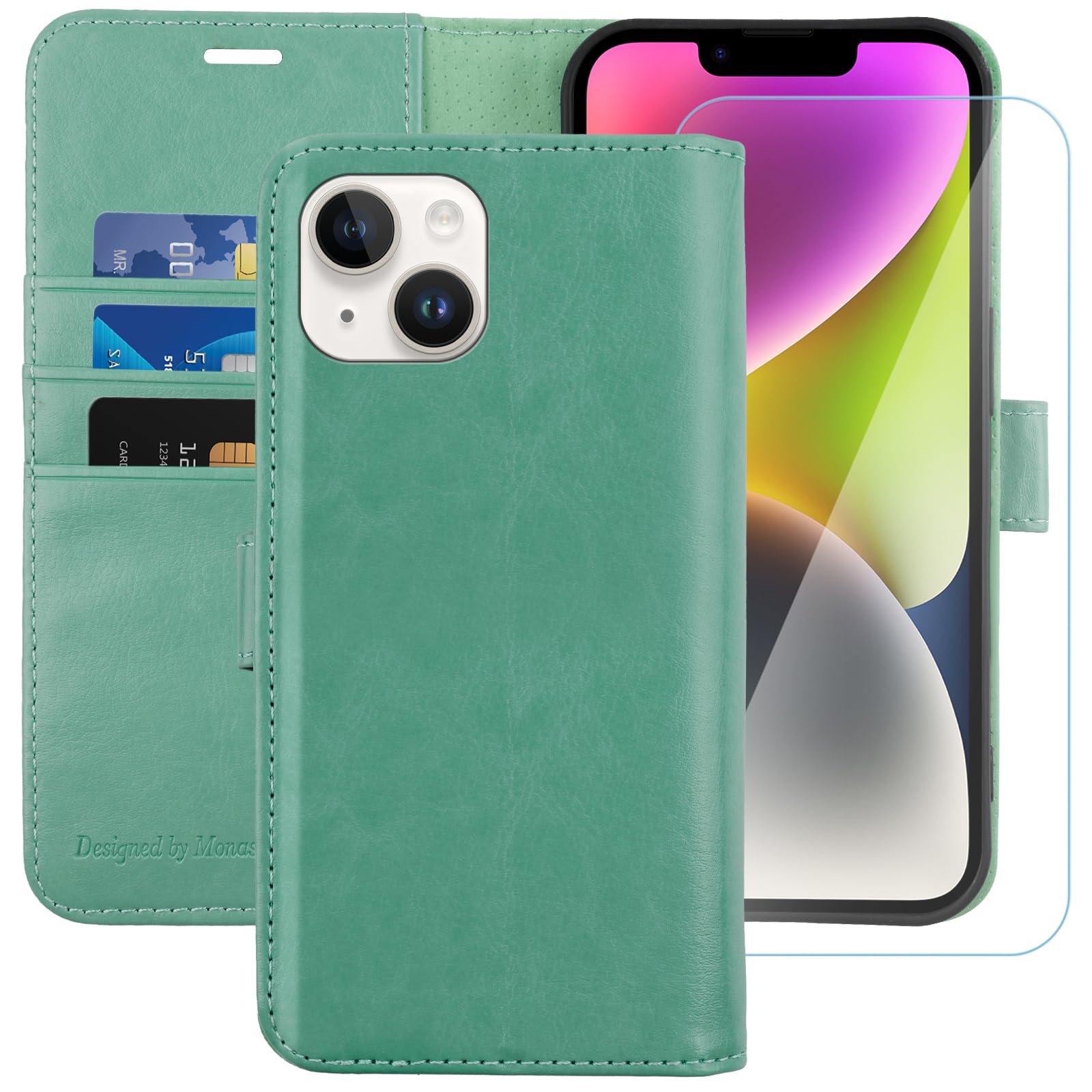 MONASAY Wallet Case for iPhone 14 5G,[Glass Screen Protector Included] [RFID Blocking] Flip Folio Leather Cell Phone Cover with Credit Card Holder，6.1-inch,Mint