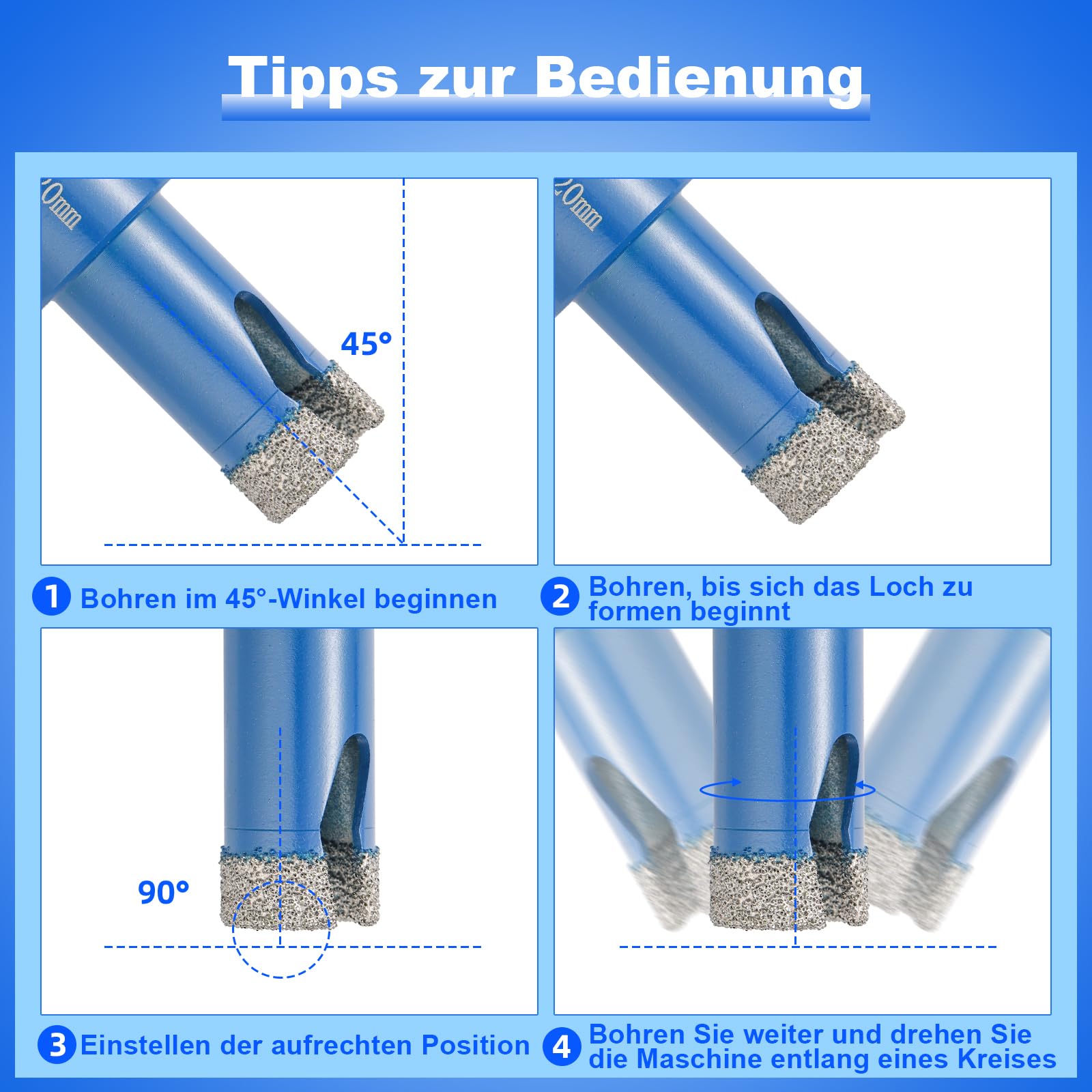 DWIKE 12tlg Diamant Fliesenbohrer Set 6/8/10/12/20/35/50/68mm M14 Diamant Bohrkrone Lochsäge mit 125mm Trennscheibe mit 50mm Fasenbohrer ein Adapter Für Winkelschleifer Lochsäge Set Granit Fliesen 5