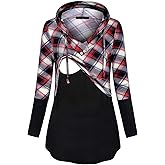 Quinee Women's Long Sleeve Plaid Colorblock Nursing Pullover Hoodie Sweatshirts