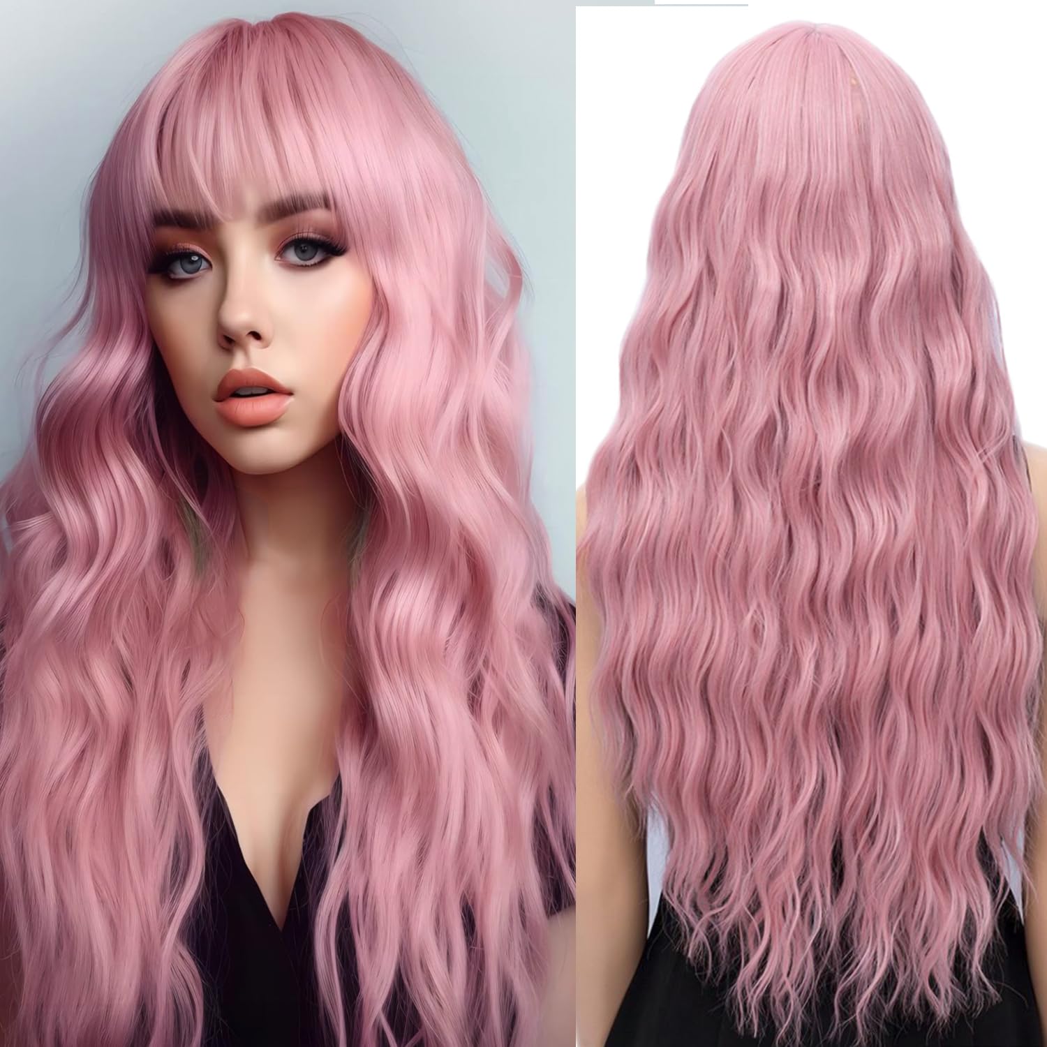 YEESHEDO 28 Inch Long Hair Pink Wigs for Women Natural Curly Wavy Synthetic Wigs with Fringe for Party Cosplay or Daily Wear