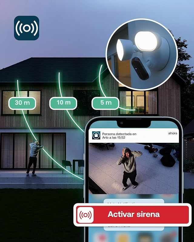 Floodlight 2K, Cámara Wi-Fi para Exteriores, Calidad 2K HDR, Gran Angular de 160°, visión Nocturna en Color, Sirena de Alarma, comunicación bidireccional, Prueba de Arlo Secure, 1 cámara