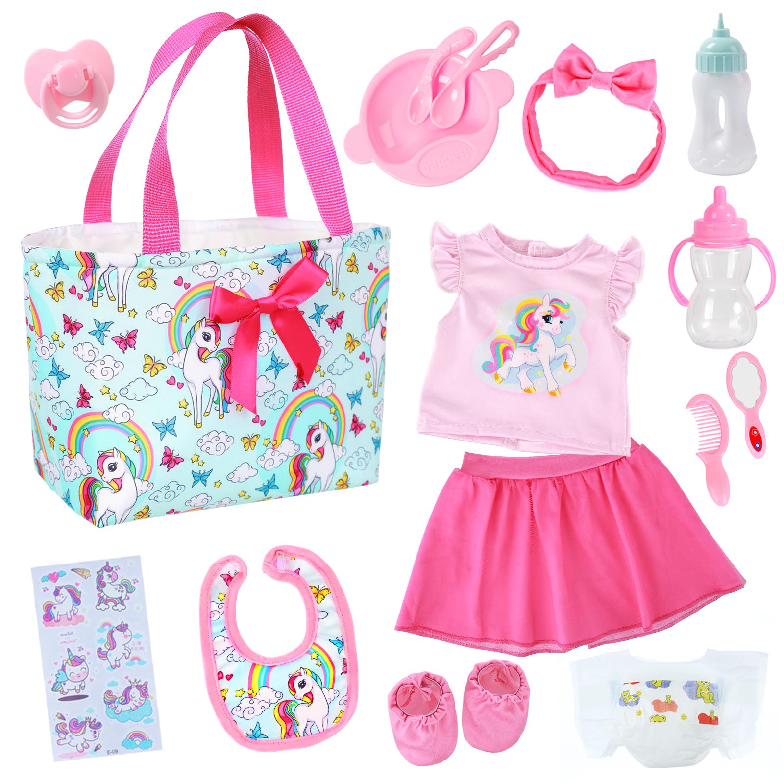 ZITA ELEMENT 15 Pcs Baby Diaper Bag and Baby Doll Clothes for 16-18 Inch Baby Dolls,Baby Dolls Feeding and Caring Set Includes Doll Clothes,Bottles,Pacifier, Bib, Diaper,for Birthday Gift(No Dolls)