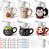Vesici 6 Pack Halloween Ceramics to Paint, Pumpkin Mugs with Painting Kit | Halloween Paint Your Own Mugs Craft, Vampire Mummy Pumpkin Ghost Designs, Halloween DIY Ceramic Mug for Adults Holiday Gifts