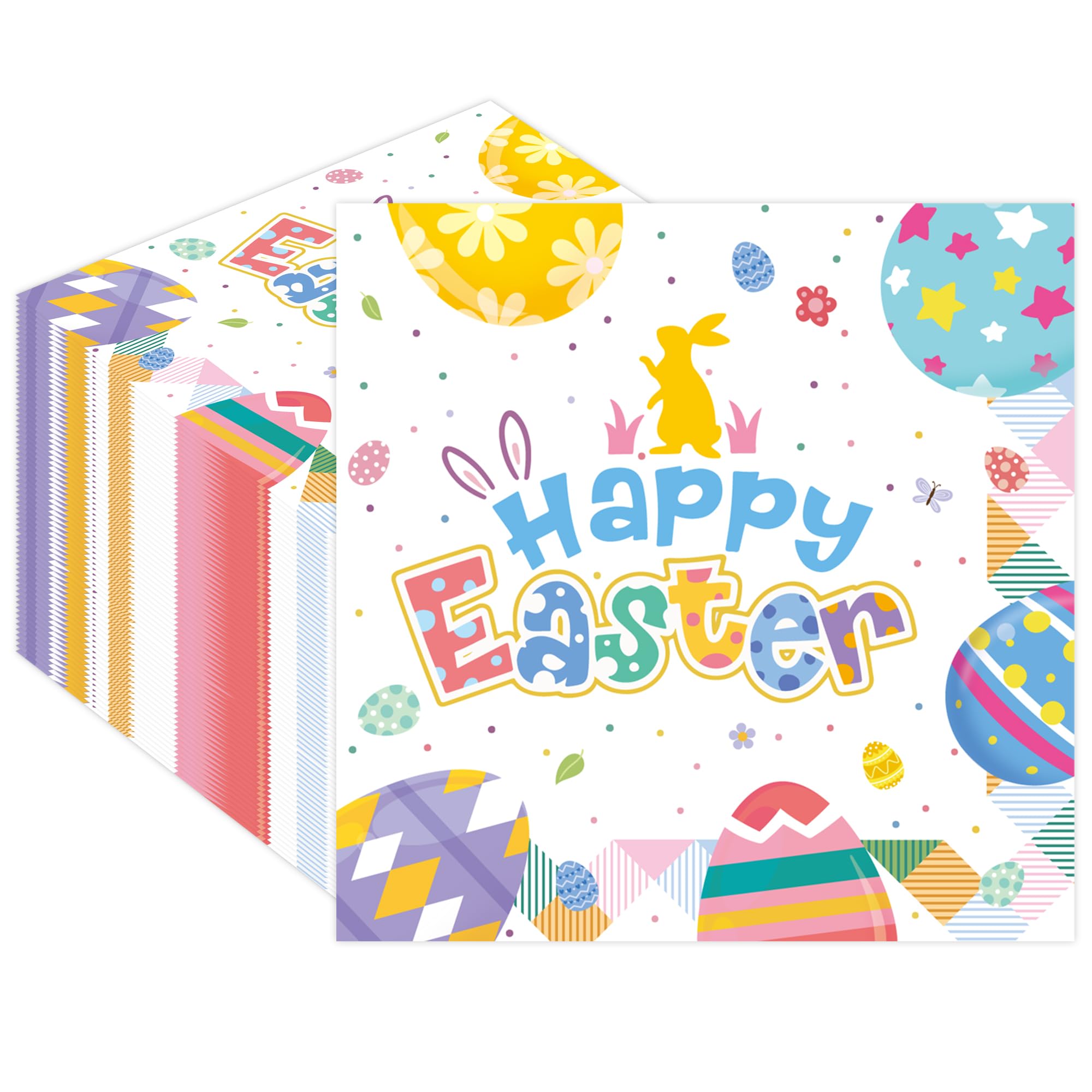 50Pcs Happy Easter Paper Napkins - Cartoon Colorful Eggs Bunny 13 x 13 Inches Luncheon Napkins Disposable Dessert Dinner Hand Napkins for Easter Birthday Party Supplies