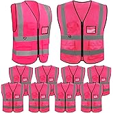 Bgtecho 10 Pack Reflective Vests, Pink High Visibility Reflective Vest, Construction Vest with Pockets and Zipper, Work Vests for Men Women