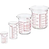 Ackers BORO3.3 Mini Borosilicate Glass Measuring Cup Set, 4-Piece, 5-60 ml | Nesting beaker cups with red scales across ml, oz, tsp, tbsp and cup units, plus V-shaped spouts for kitchen and drink prep