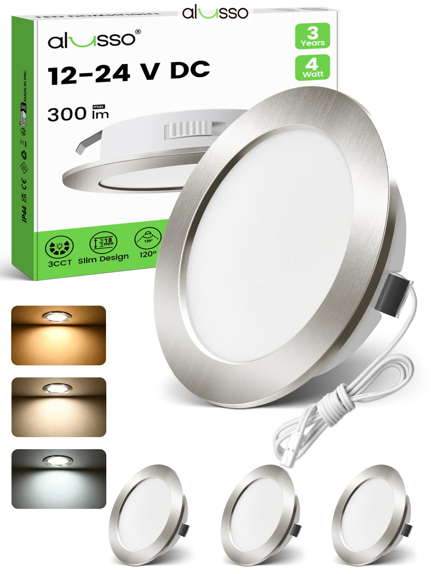 ALUSSO 12-24 V LED Downlights, 4W Recessed Spotlights, IP44 Ceiling Furniture Recessed Spotlights 3000 K Warm White 4000 K Neutral White 6000 K Cool White, LED Flat Hole Size 55-58 mm