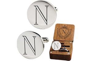 SEEMDANTEN Mens Classic Initial Cuff links A-Z Alphabet 26 Letters Stainless Steel Silver CuffLinks with Engraved Walnut Wood Gift Box Business Wedding Set