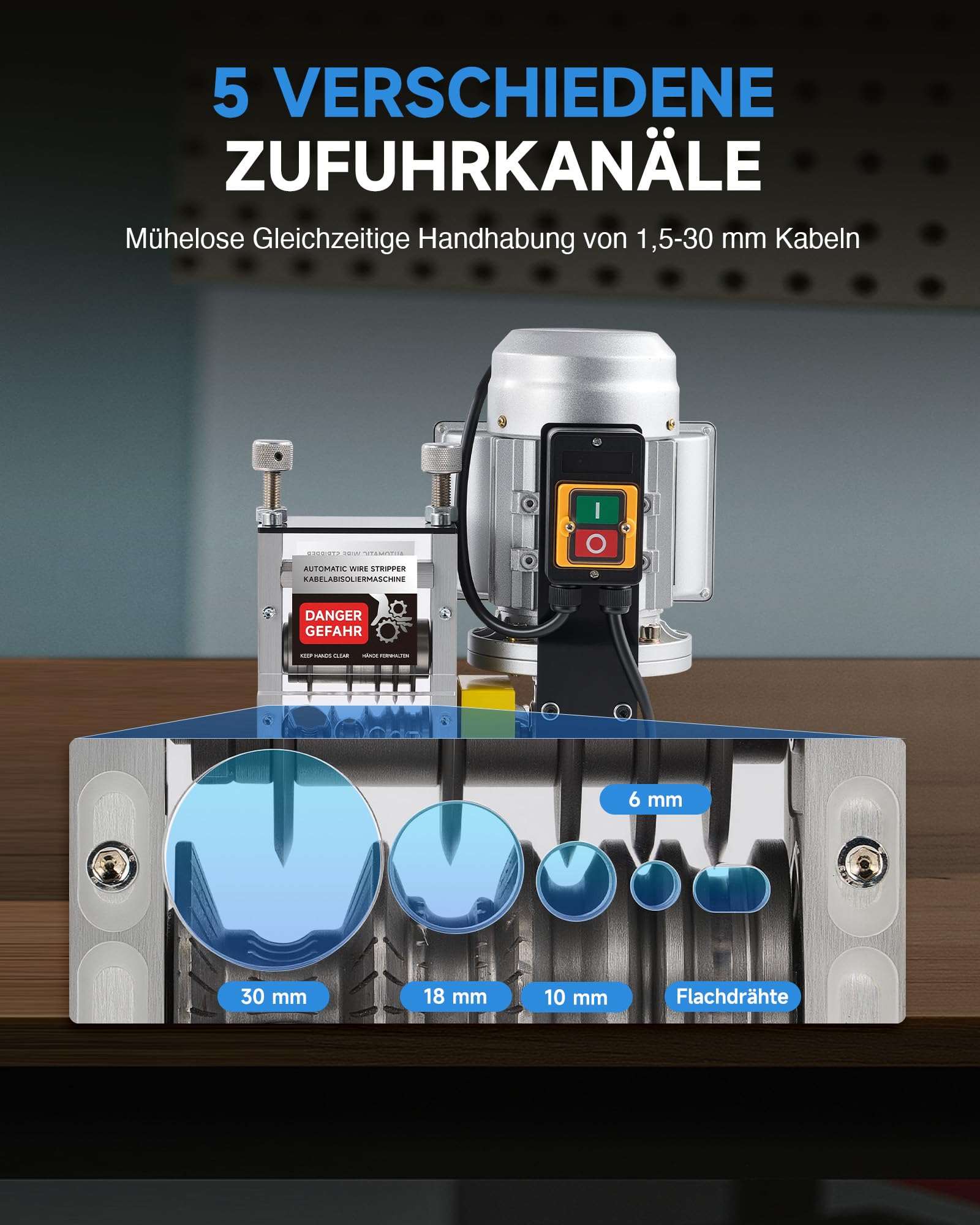 CREWORKS Elektrische Kabelabisoliermaschine 180W für 1,5-30 mm Kupferdrähte, Automatische Kabel Abisoliermaschine Abisolierzange für 0,06-1,2 Zoll Kupferdraht-Recycling, 5-Kanal-Kabelschälmaschine 3