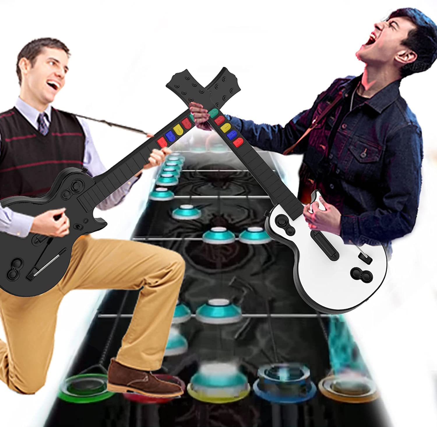 NBCP PC Guitar Hero Controller, Wireless Guitars with Dongle for PC and PS3, Compatible with Rock Band, Clone Hero, Black