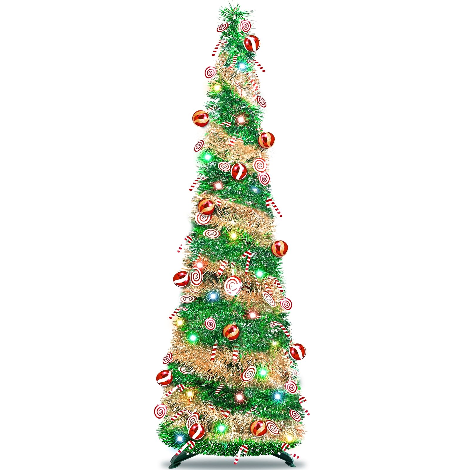 Photo 1 of [Timer] 6 Ft Pop Up Christmas Tree with Lights, Green&Gold Tinsel Pencil Tree with 50 Multicolored Light Christmas Balls Lollipop Candy Cane Battery Operated for Home Holiday Xmas Party Indoor Decor