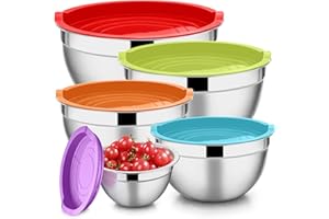 E-far Mixing Bowls with Lids Set of 5, Stainless Steel Mixing Bowls Metal Nesting Bowls with Airtight Lids, Non-toxic & Dishwasher Safe, Great for Cooking, Baking, Serving - Size 0.7/1/1.5/3/4.6QT