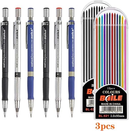 Dancepandas Porte Mine 2mm 6pcs Crayon Mécanique Mechanical Pencil Avec 72pcs Couleur Et Noir Recharges De Plomb Pour Projet De Dessin Lécriture La