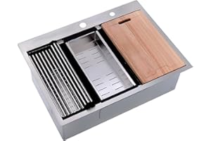 BoomHoze 33 Inch Workstation Drop in Kitchen Sink 33x22 16 Gauge Stainless Steel Kitchen Sink Top Mount Handmade Deep Single Bowl Kitchen Sink with Accessories