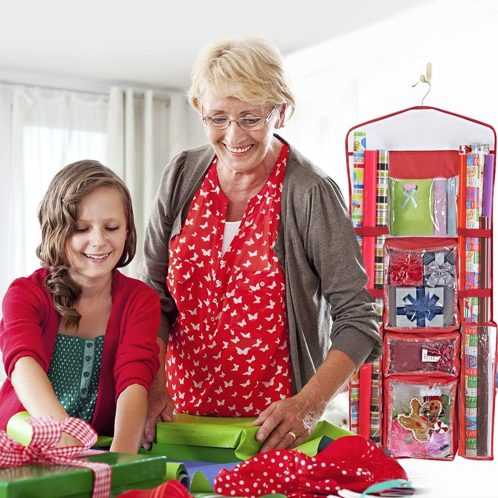 ProPik Hanging Double Sided Wrapping Paper Storage Organizer With Multiple Pockets Organize Your Gift Wrap, Gift Bags Bows Ribbons 40"X17" Fits 40 Inch Rolls Clear PVC Bag (Red): Home & Kitchen
