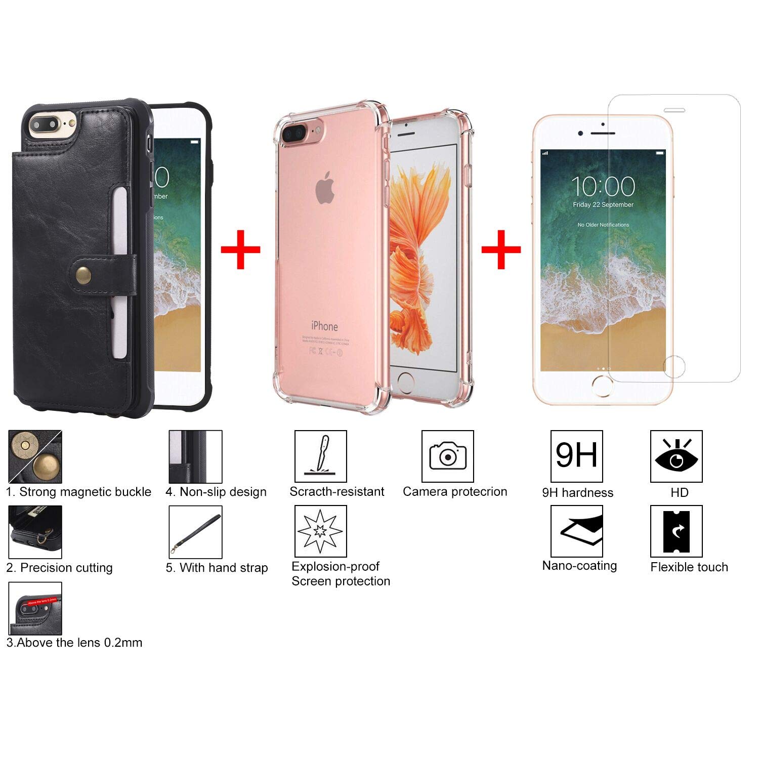 bangcool iPhone 8 Plus Wallet Case Credit Card Holder Slim Shockproof Flip Case Cover Compatible iPhone 7 Plus/8 Plus Clear Bumper Soft TPU Cover Case Screen Protector Glass