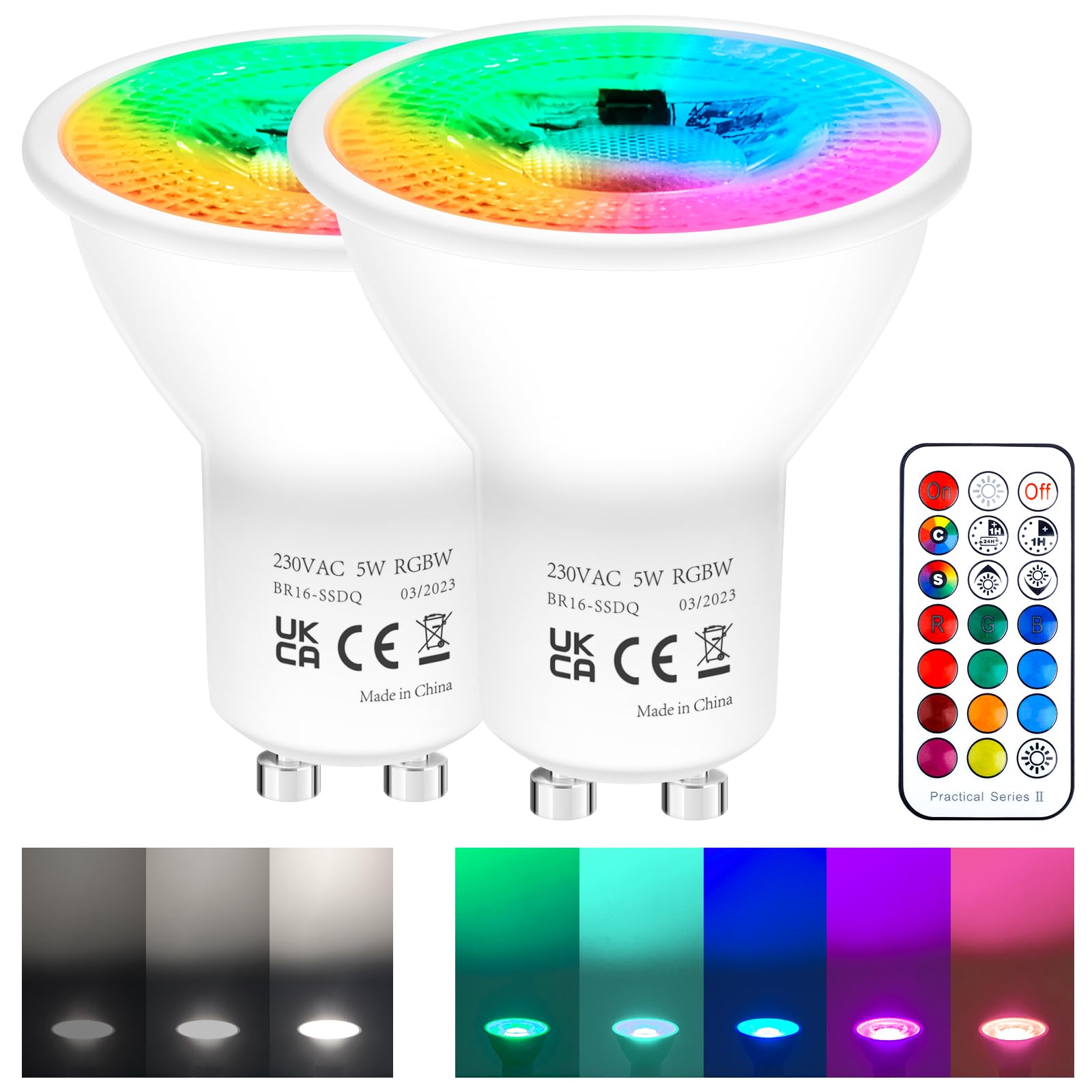 REYLAX GU10 Colour Changing LED Bulbs 2 Pack, 5W Dimmable Spot Light Bulb with Remote, 12 RGB Colours + Cool White, 5 Modes, Timer, GU10 LED Bulbs for Atmosphere and Daily Lighting