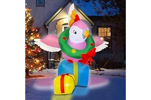 BLOWOUT FUN 5ft Inflatable Christmas Parrot with Gift Box Decoration, LED Blow Up Lighted Decor Indoor Outdoor Holiday Decor
