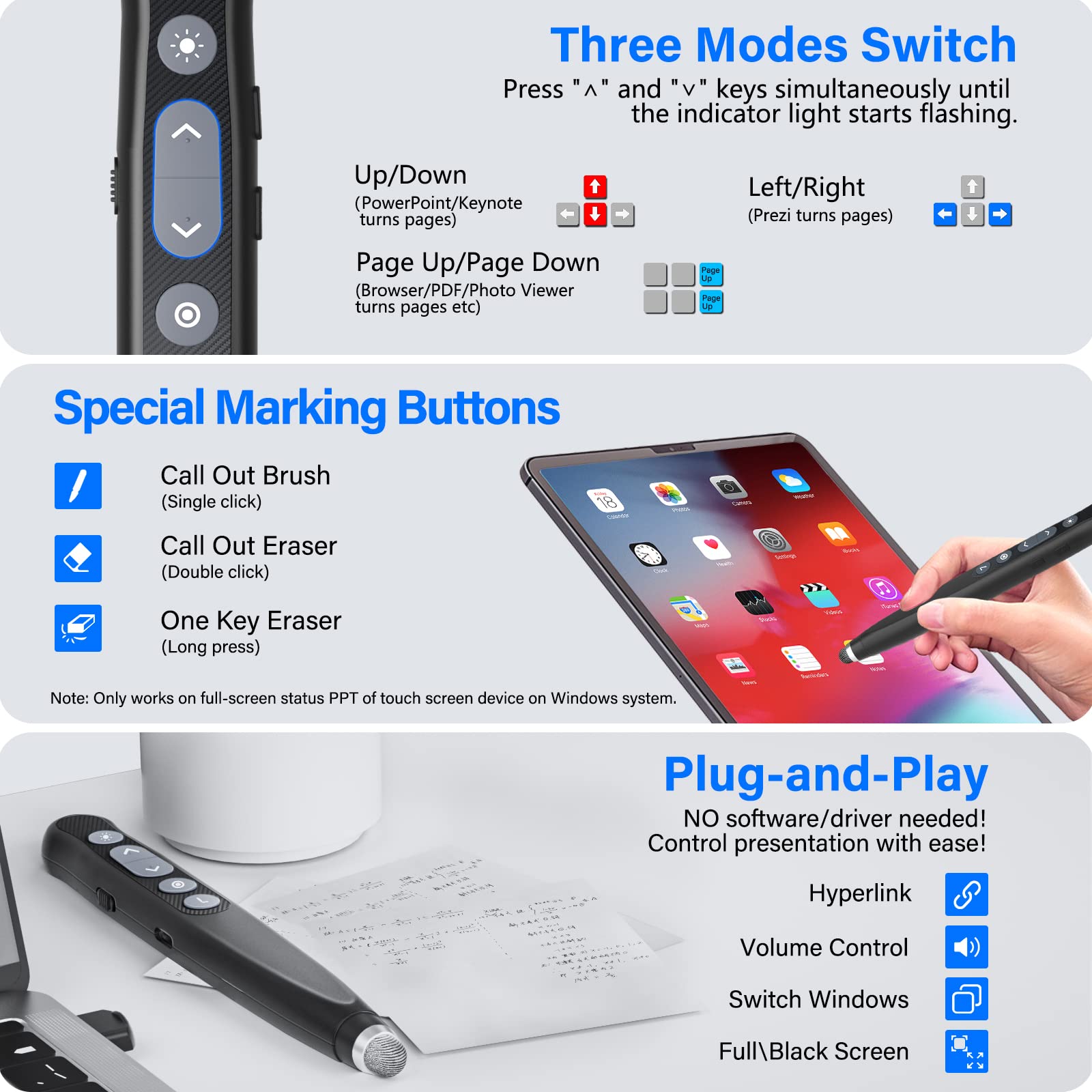 Presentation Clicker with Pointer Stylus Pen for Touch Screen, Rechargeable Wireless Presenter Remote, RF USB PowerPoint Clicker, Slide Advancer with Hyperlink Volume Control for Mac PC
