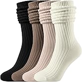 COZYOFFI Womens Slouch Long Socks: 4 Pairs Boot Socks Pairs with Sneakers - Knit Ribbed Fabric