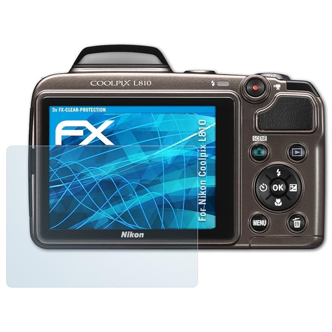 atFoliX Schutzfolie kompatibel mit Nikon Coolpix L810 Folie, ultraklare FX Displayschutzfolie (3X)