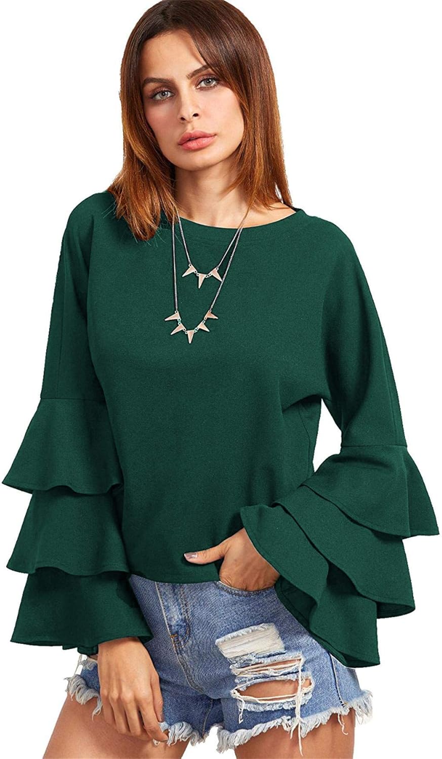 SheIn Women's Round Neck Ruffle Long Sleeve Blouse