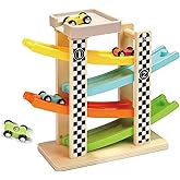 TOP BRIGHT Wooden Car Ramp Toy for 1 2 3 Year Old Boy Girl Gift, Toddler Race Track Toy for One Year Old with 4 Mini Cars