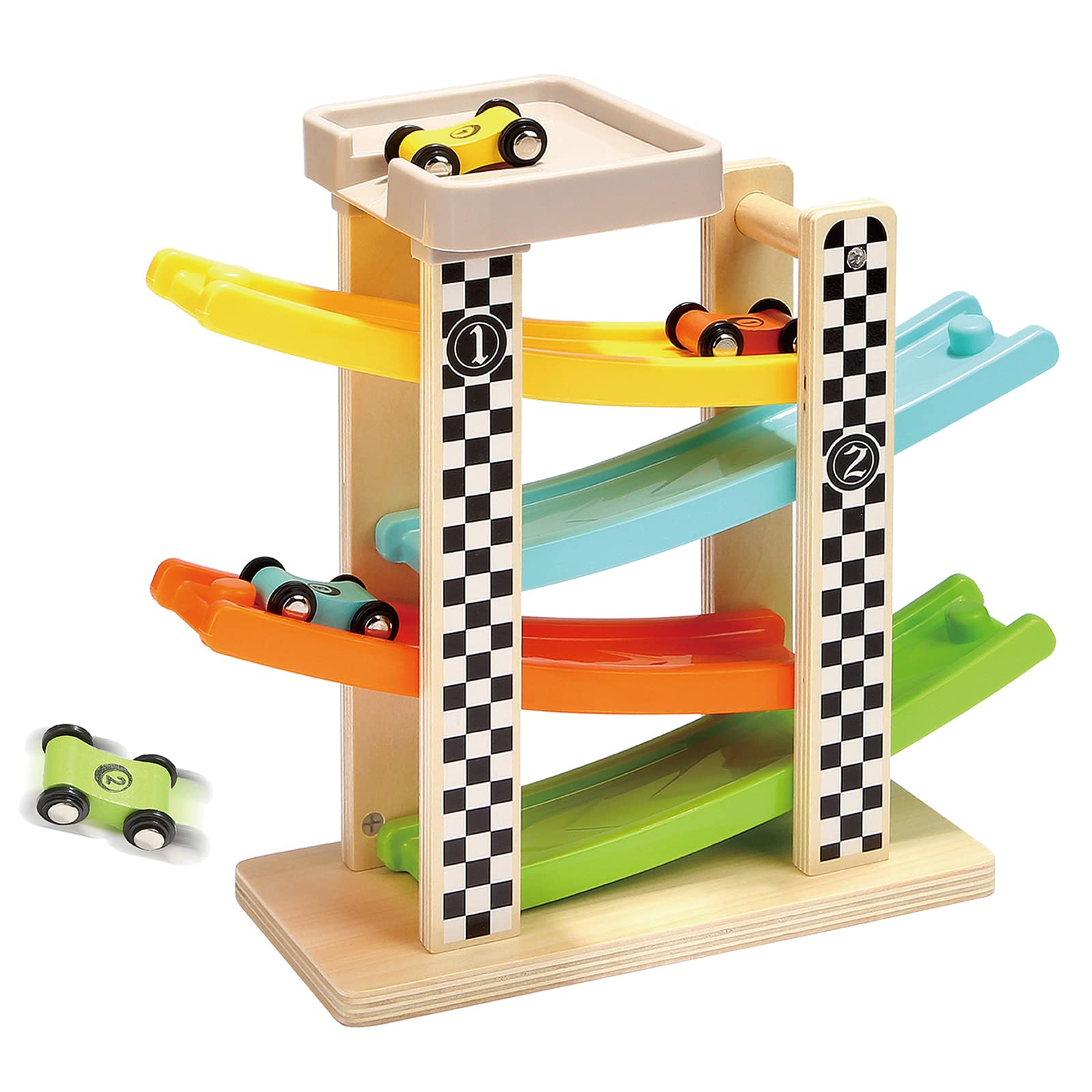 TOP BRIGHT Wooden Car Ramp Toys for 1 2 Year Old Boy Gifts, First Birthday Present for One Two Year Old Car Toy, Baby Toys 12 18 Months with 4 Mini Cars
