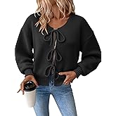 Women's Knit Cardigan Sweater with Tie Front Bows – Casual Loose Fit V Neck Long Sleeve Soft Pink Fall Tops