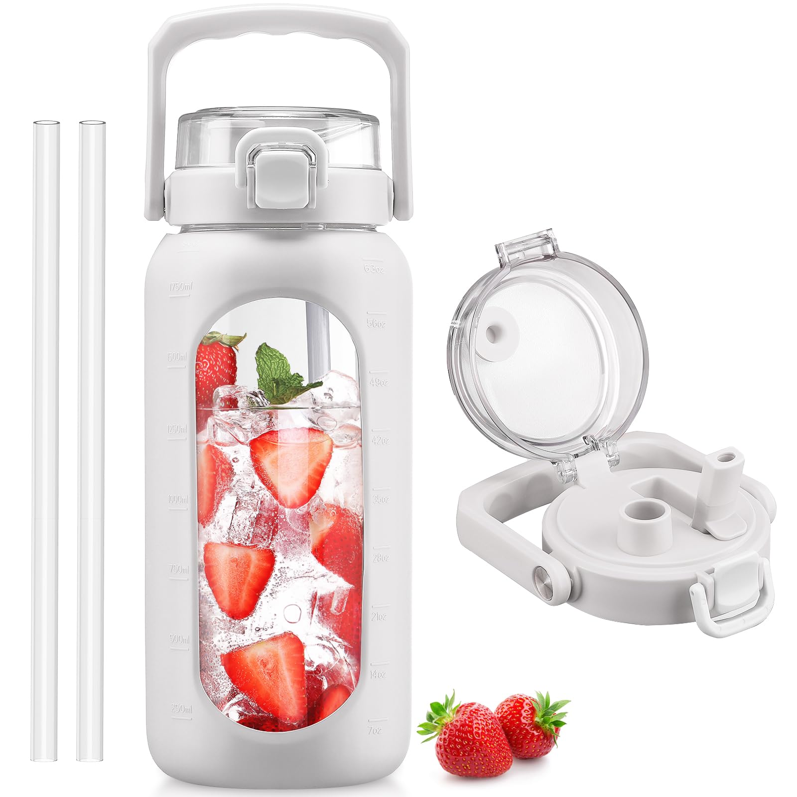 Photo 1 of BLUEGO 64oz Glass Water Bottle with Handle and Straw, Motivational Sports Water Bottle with Time Marker and Silicone Sleeve Leakproof Drinking Bottle for Travel Gym Workout, White