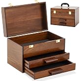 14 Inch Mini Wooden Tool Box with 2 Drawers and Top Storage, Wooden Color | Mini Toolbox with Drawers Portable Small Tool Chest with PVC Liners, Mini Storage Organizer Box with Metal Latch Closure