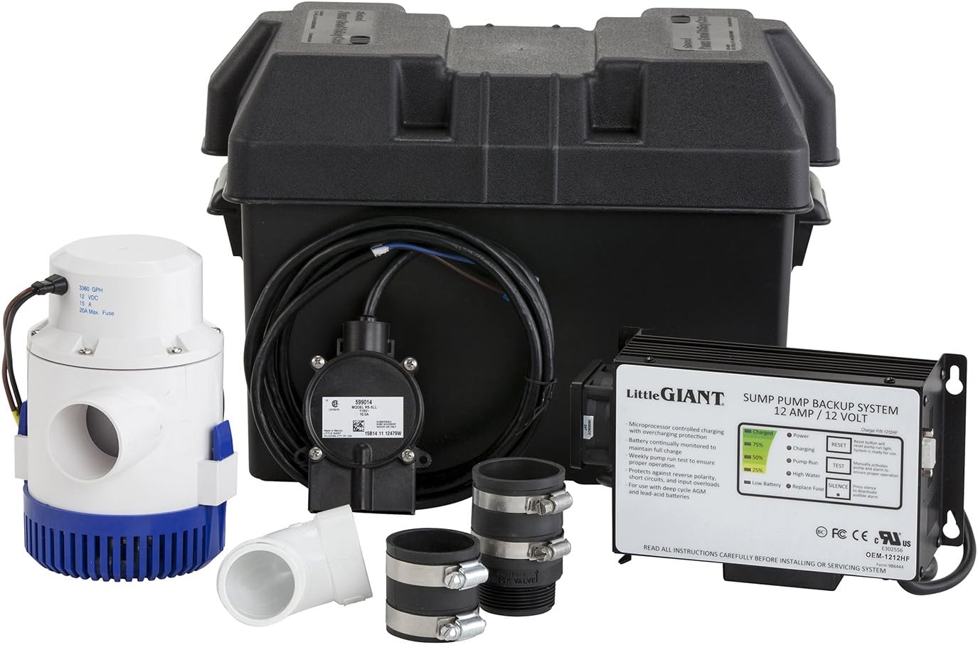 Little Giant SPBS-10HF 10 Amp, 2520 GPH Sump Pump Battery Back Up System with Controller, Back-up Pump, Switch, Fittings, Black, 506406