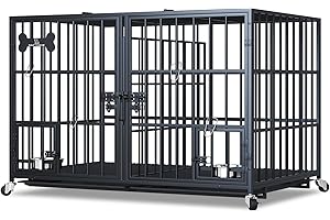 Dosker 48/42 inch XL Dog Crate for Large Dog/Double Medium Dogs,Heavy Duty Metal Dog Cages,All Metal Open Top Stackable,Dog Kennel Indoor with Wheels,Floor Grid, Tray, Divider and Feeding Bowl
