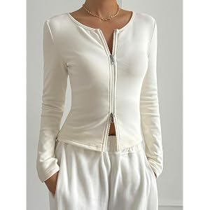 Women's Ribbed Knit Long Sleeve Top with Front Zipper, Fitted Crew Neck Y2K Crop Shirt Casual Lounge Wear