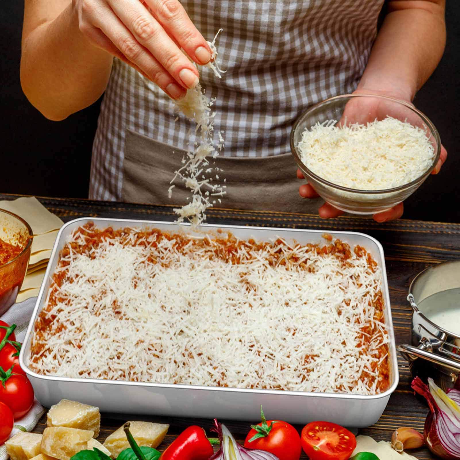TeamFar Lasagna Pan, 12.3’’ x 9.75’’ x 2’’, Stainless Steel Rectangular Cake Brownie Casserole Pan For Roasting Baking, Healthy & Heavy Duty, Brushed Surface & Deep Side, Dishwasher Safe