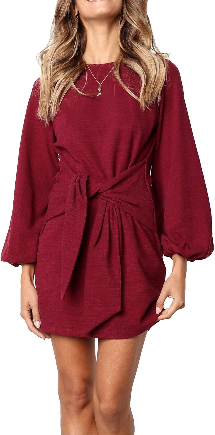 R.Vivimos Women's Autumn Winter Cotton Long Sleeves Elegant Knitted Bodycon Tie Waist Sweater Pencil Dress at  Women’s Clothing store