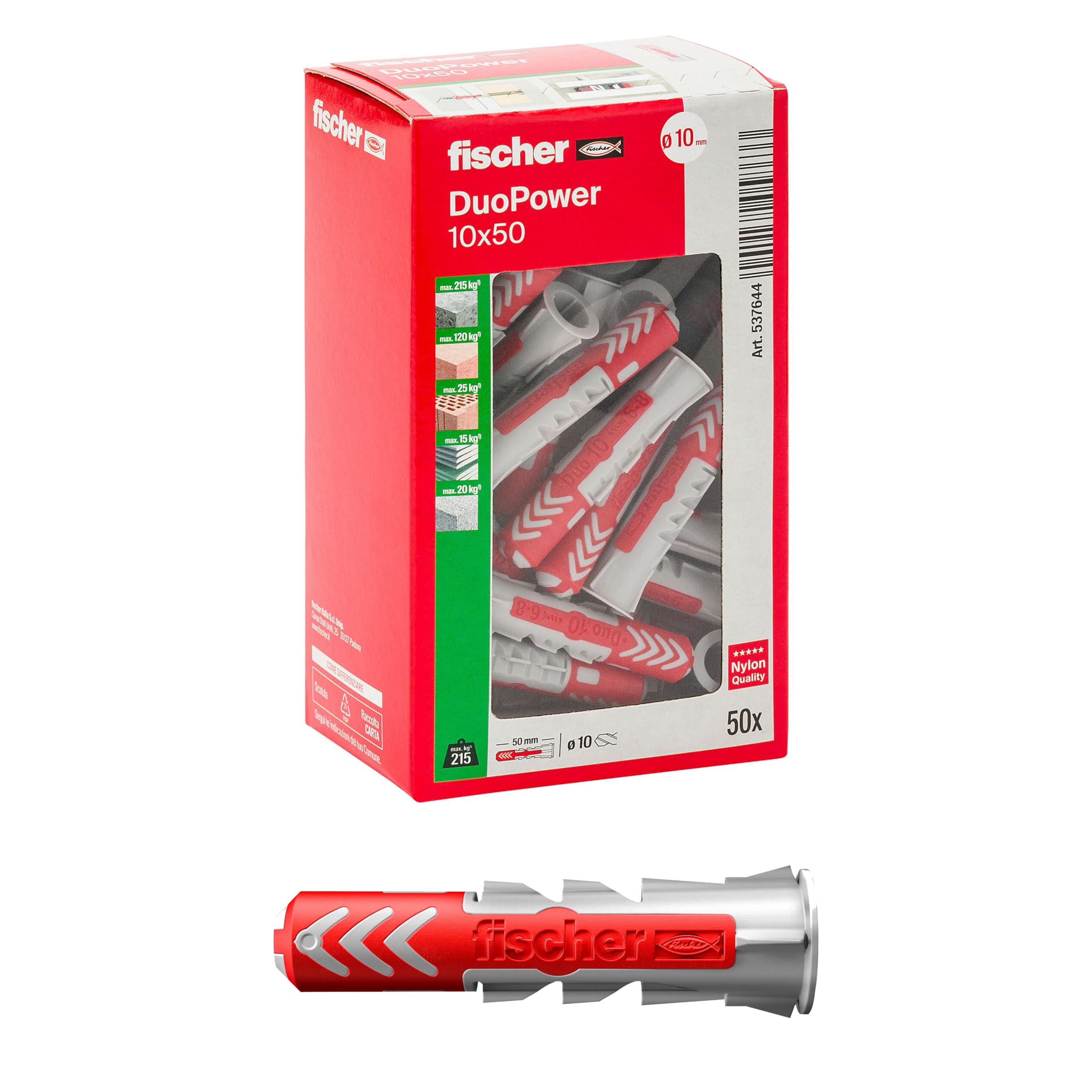 Fischer 537644 DuoPower 10 x 50 mm wall Plugs, Solid wall, Perforated Brick, Drywall, 50 x 50 mm