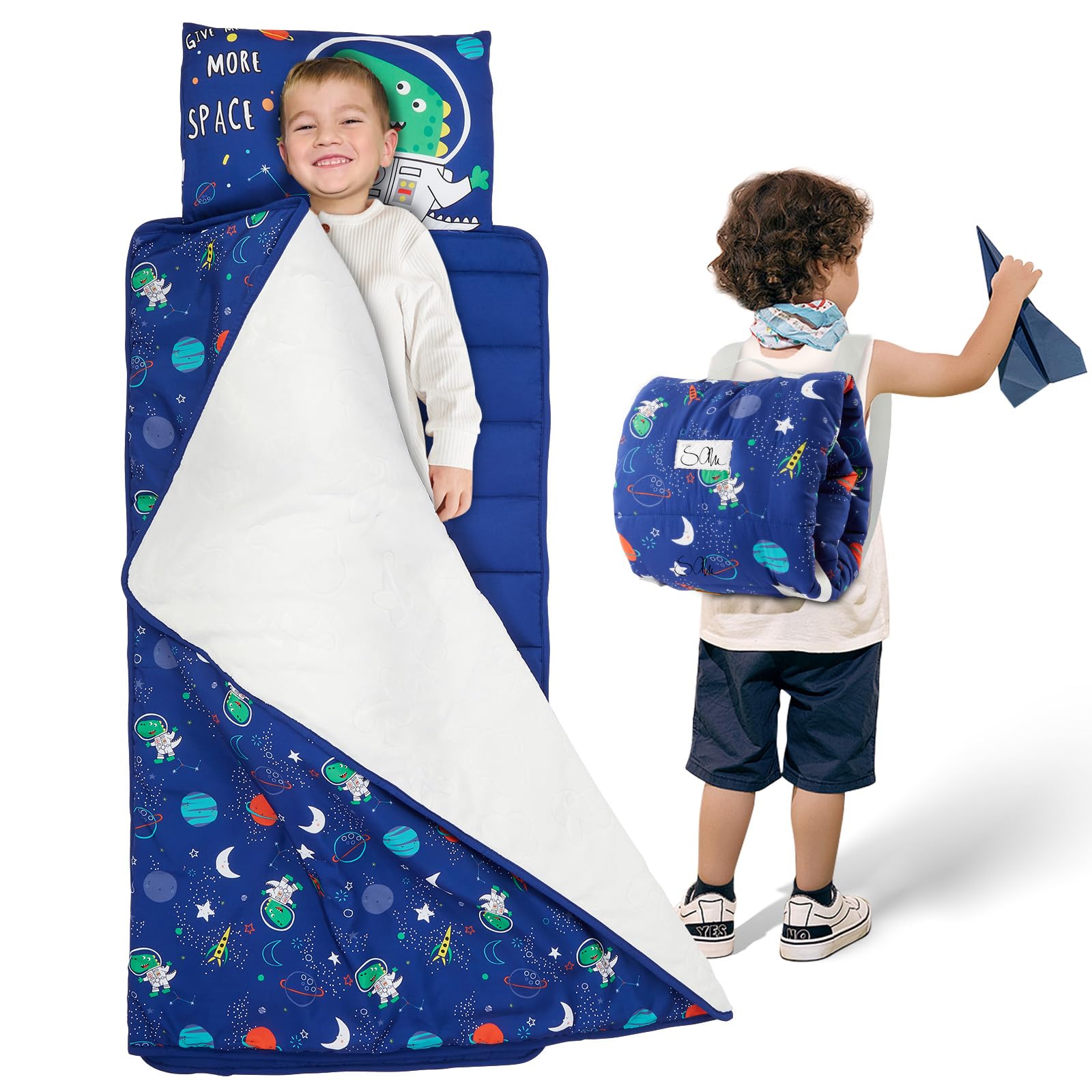 Toddler Nap Mat with Pillow and Blanket, Soft Sleeping Bag for Kids Boys and Girls, Slumber Bags Kids for Preschool, Daycare, Travel, Camping, 54