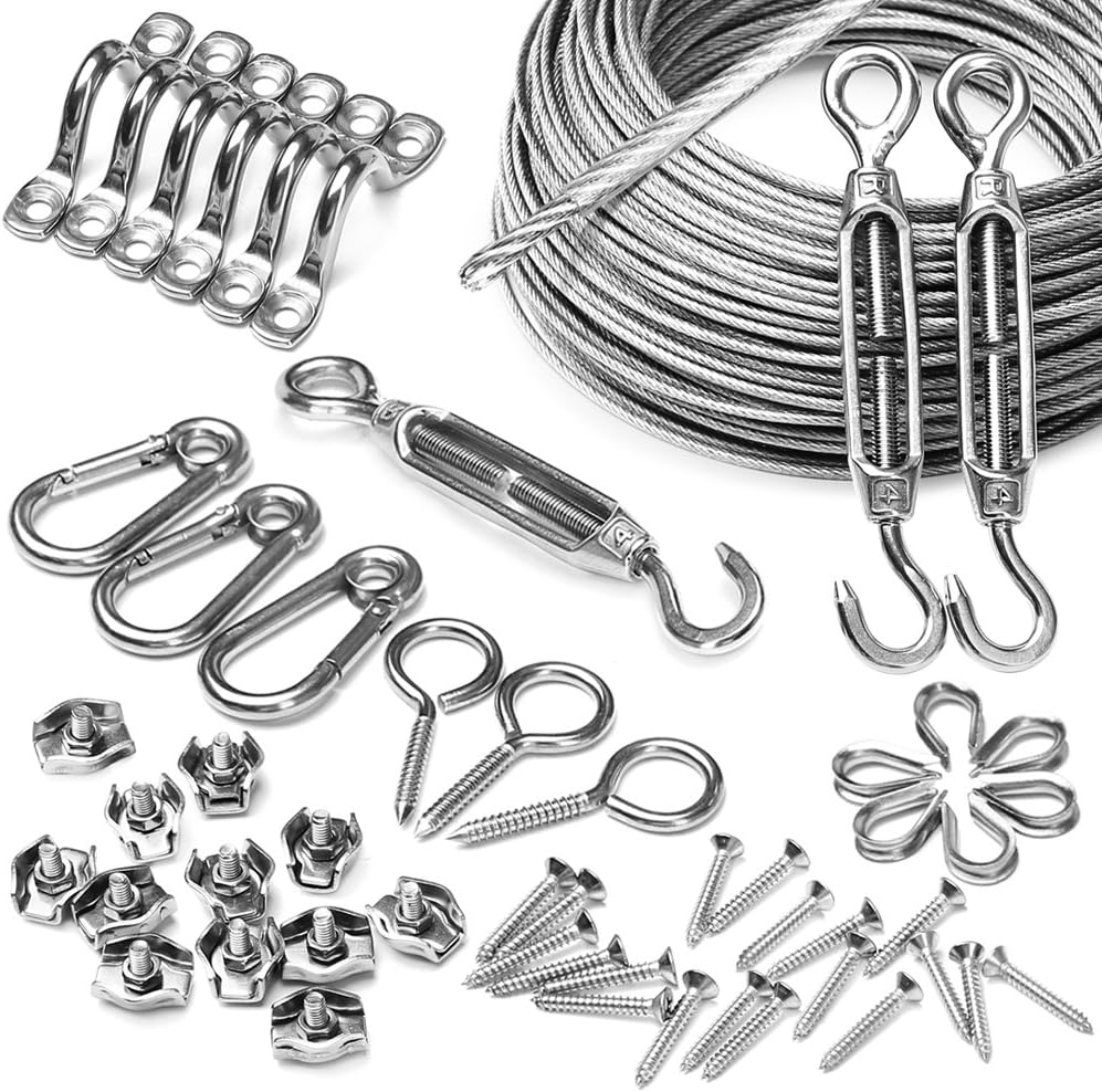 YISUN Picture/Light Hanging Wire Fence Roll Kit, 1.58mm x 50m PVC Coated Heavy Duty Stainless Steel Fairy Lamp Hardware Holding Strand Cable Rope (Wire&Connectors)
